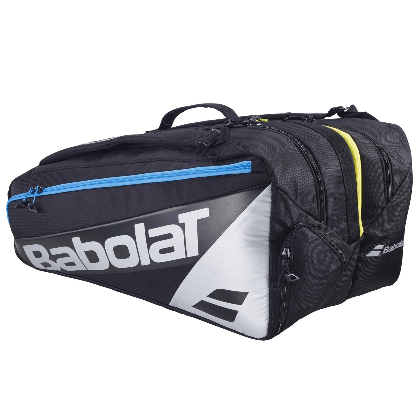 The Babolat RH Pro 4 Racket Padel Bag in black and silver, featuring multiple zippered compartments including an insulated racket section, is displayed on a white background.