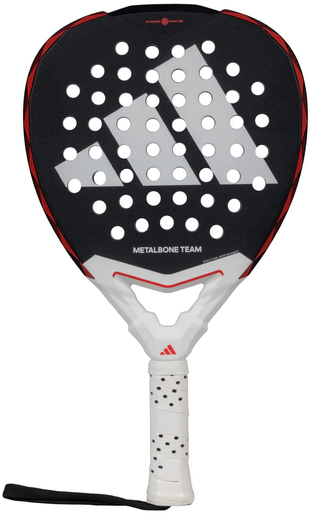 The ADIDAS Metalbone Team 3.4 Padel Racket, suitable for advanced players, boasts a sleek black face with gray stripes and circular holes, accented in red. It features a white grip with a wrist strap for control, proudly displaying "METALBONE TEAM" on its face.