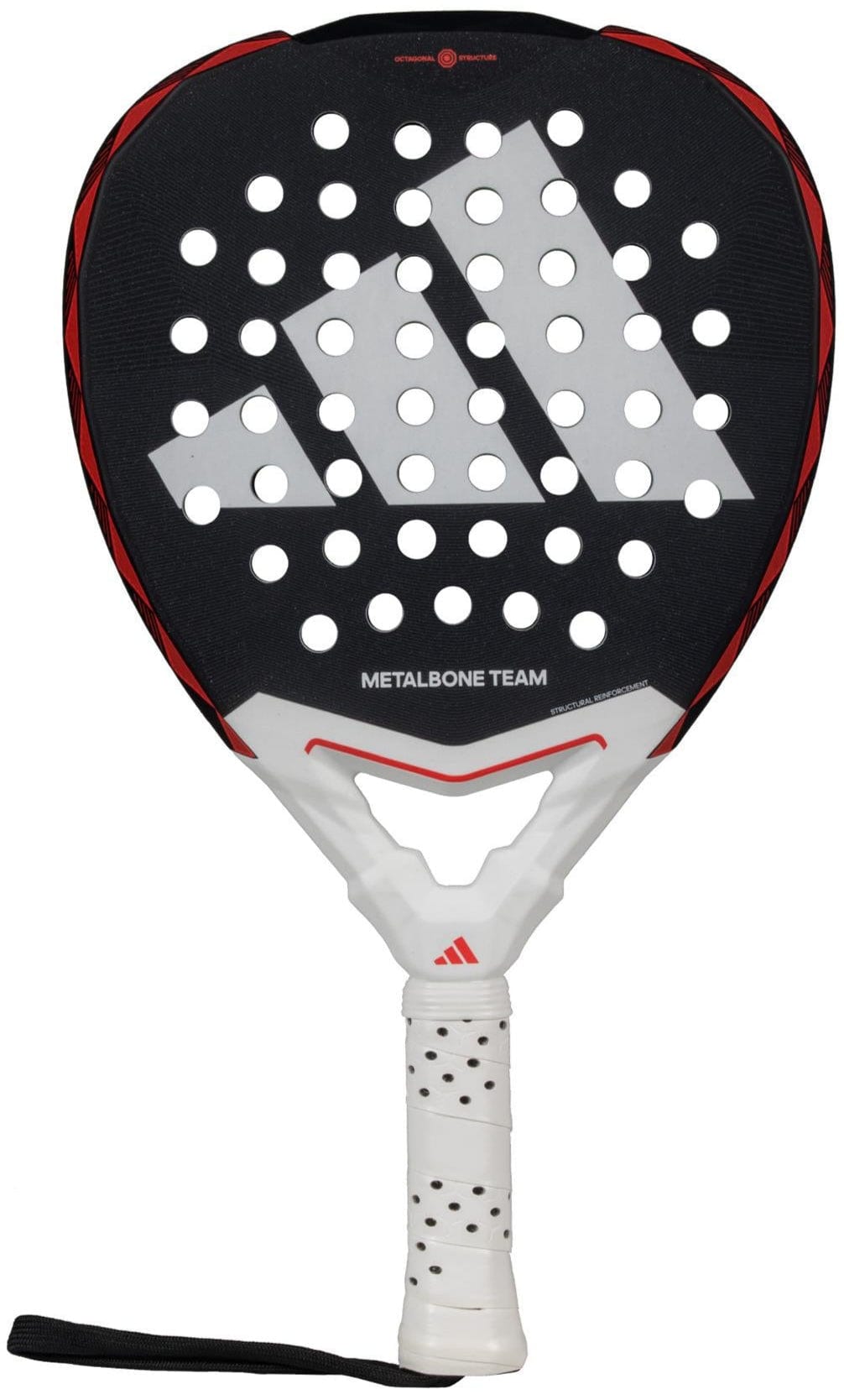 The ADIDAS Metalbone Team 3.4 Padel Racket, suitable for advanced players, boasts a sleek black face with gray stripes and circular holes, accented in red. It features a white grip with a wrist strap for control, proudly displaying "METALBONE TEAM" on its face.