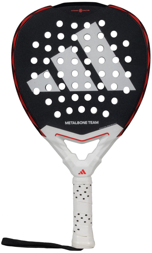 The ADIDAS Metalbone Team 3.4 Padel Racket, suitable for advanced players, boasts a sleek black face with gray stripes and circular holes, accented in red. It features a white grip with a wrist strap for control, proudly displaying "METALBONE TEAM" on its face.