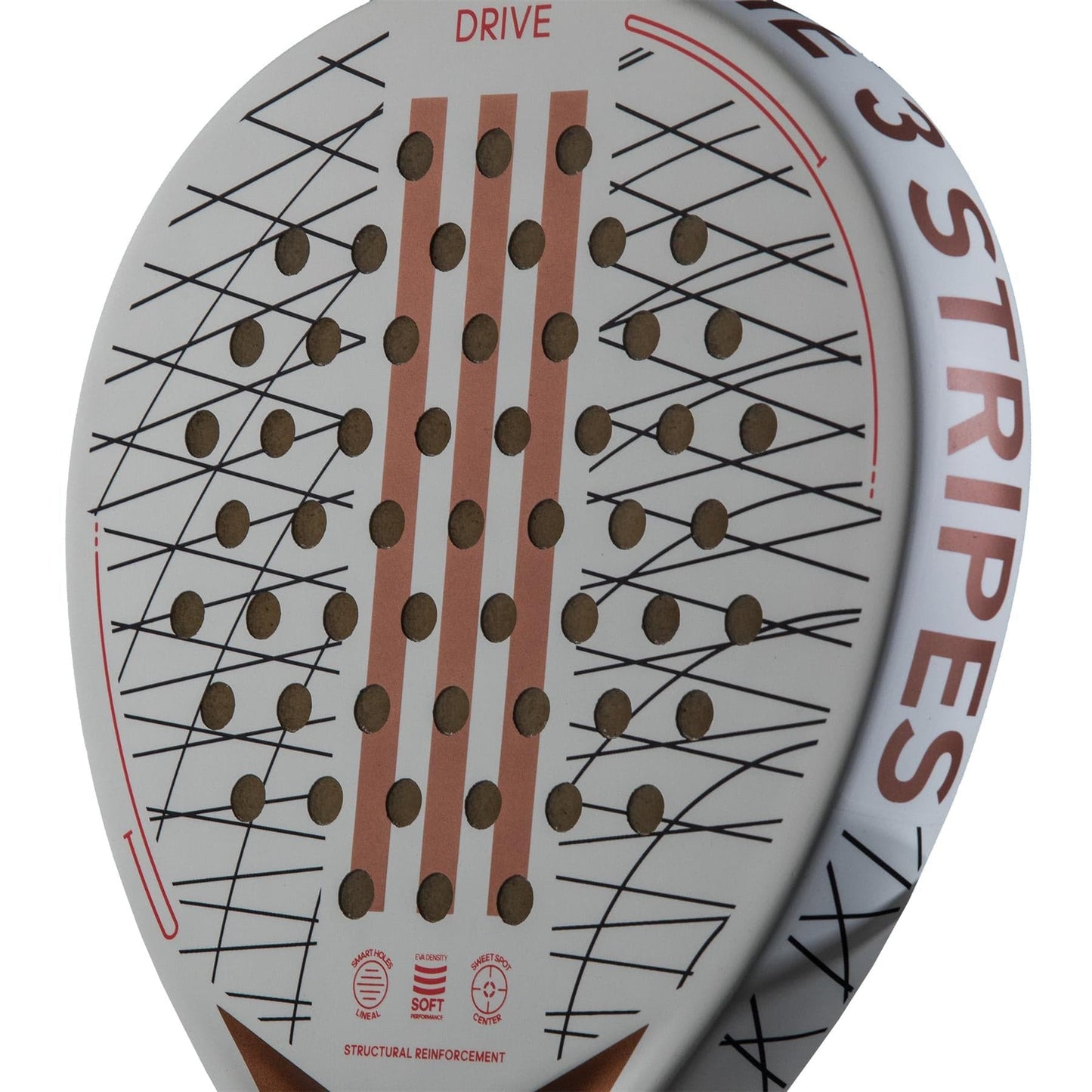The ADIDAS Drive 3.3 Padel Racket - Vintage is prominently displayed, featuring a white surface adorned with several round holes and red-orange striped designs. The text "DRIVE" and "3 STRIPES" is visible on the racket, which is noted for its control and comfort. This beginner-friendly racket exemplifies outstanding structural design.