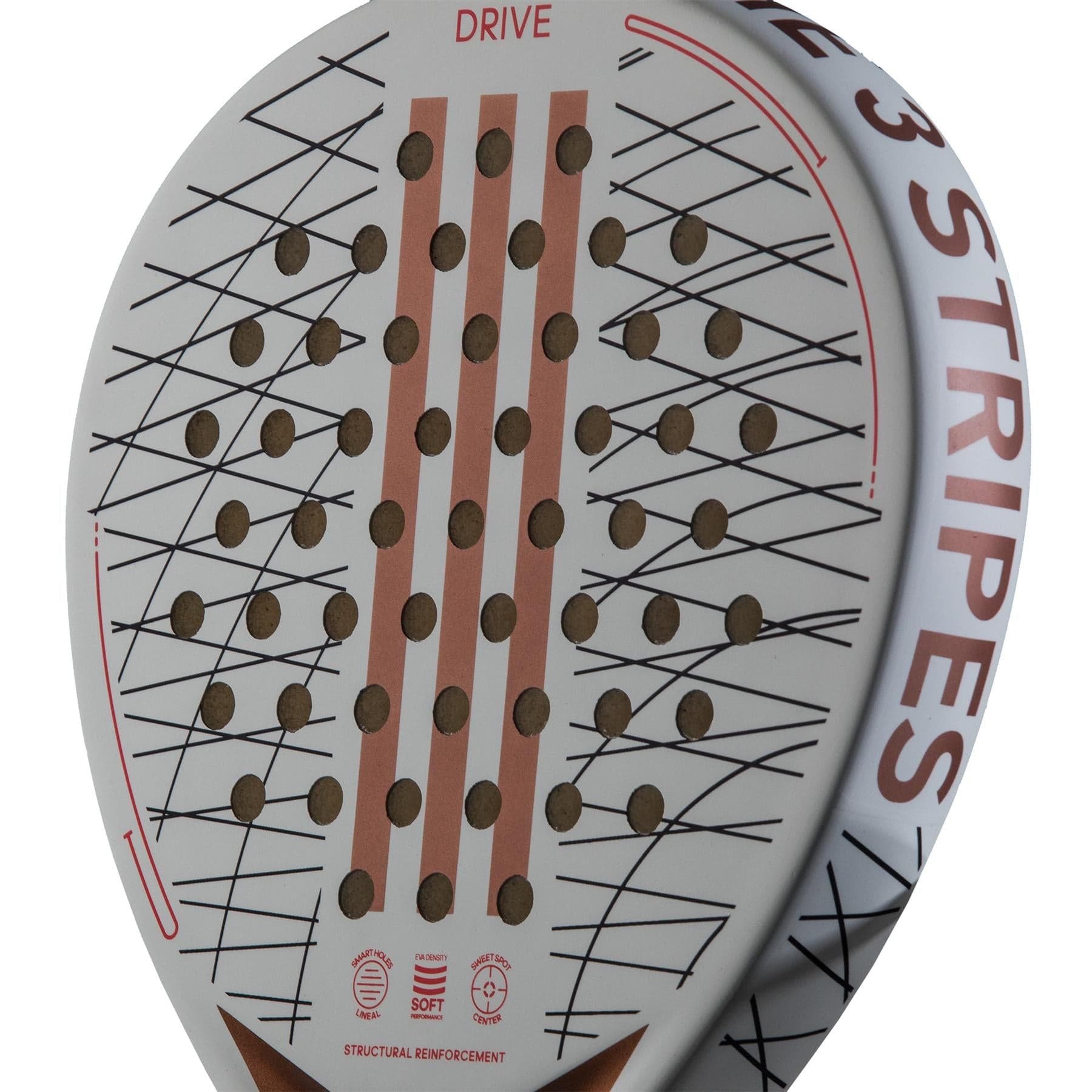 The ADIDAS Drive 3.3 Padel Racket - Vintage is prominently displayed, featuring a white surface adorned with several round holes and red-orange striped designs. The text "DRIVE" and "3 STRIPES" is visible on the racket, which is noted for its control and comfort. This beginner-friendly racket exemplifies outstanding structural design.