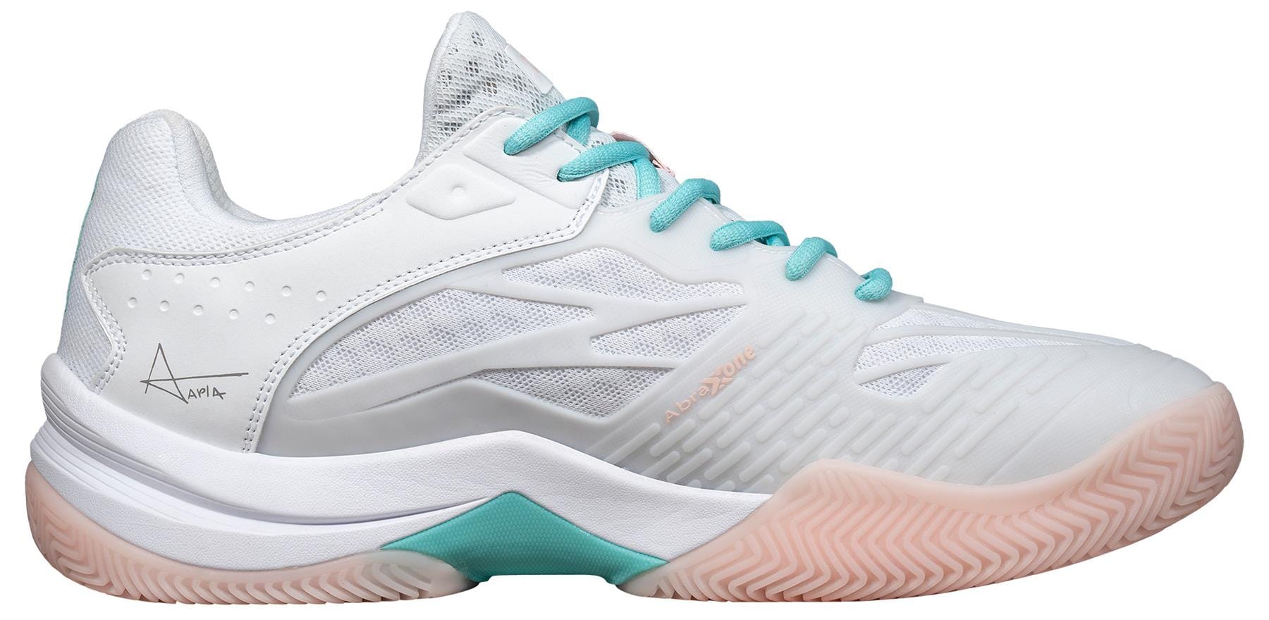 The NOX AT10 Lux Women's Padel Shoes in White/Potpurri feature light teal laces, a pink and teal sole, mesh panels, and a subtle geometric side design. Shown from the side on a plain background.