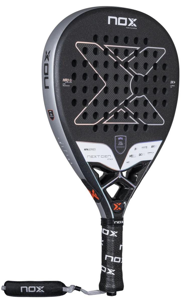 The NOX NFA Nextgen Pro Attack 3K Padel Racket in black and silver features a teardrop shape for power, head perforations, a black grip with white "NOX" branding, and a wrist strap on the handle.