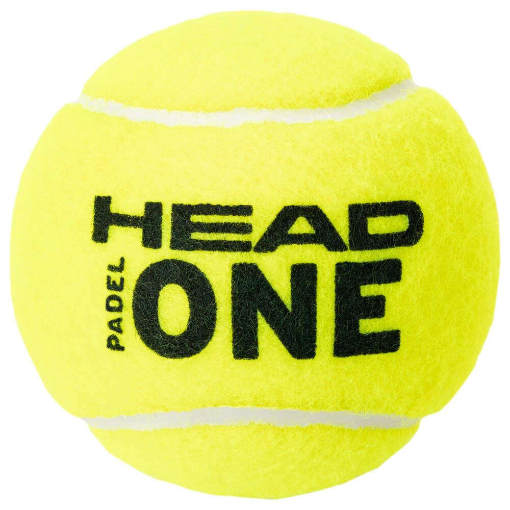 Close-up of a yellow tennis ball with "HEAD Padel ONE" in black text. Part of HEAD's exceptional padel range, this performance ball has a fuzzy texture and visible seams, ideal for serious players.