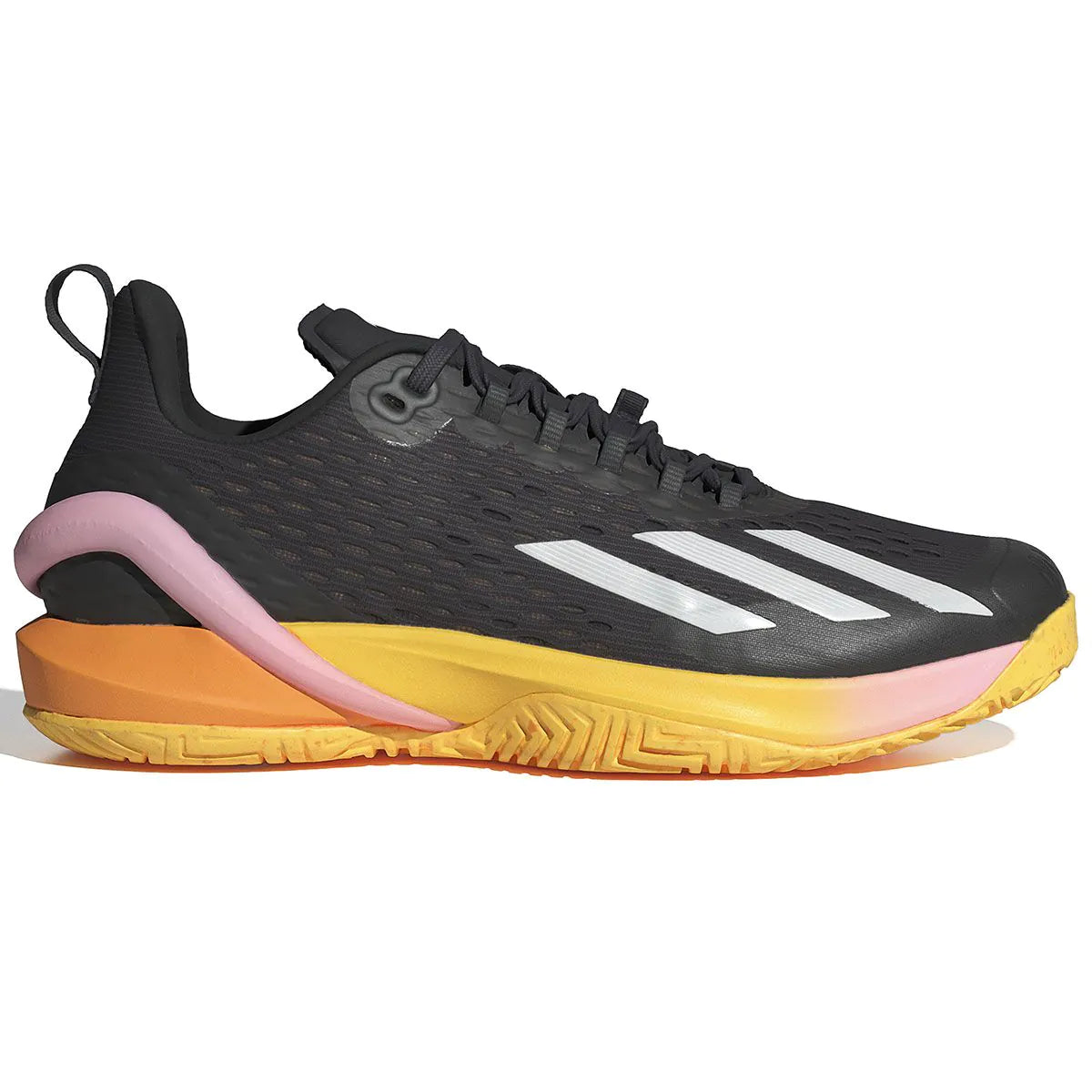 Introducing the ADIDAS Adizero Cybersonic Men's All Court Shoes in Aurora Black/Zero Metallic/Spark. This athletic shoe by adidas boasts a sleek design with distinctive white side stripes. Its multicolored sole, highlighted with yellow, pink, and orange accents, is equipped with Energy Rods for optimal propulsion. It also features black laces and a back loop, making it an all-court masterpiece.