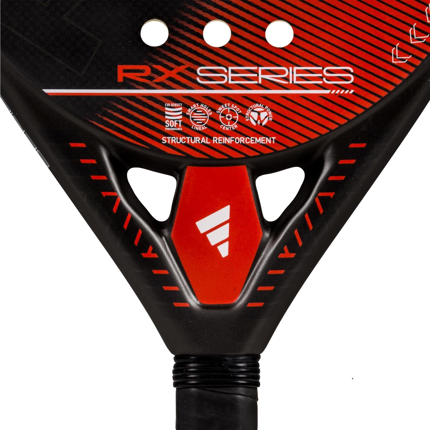 Close-up of an adidas RX Series Red 3.4 Padel Racket in black and red for intermediate players, featuring structural reinforcement, a central prominent logo, white text, and striking red stripes on top.