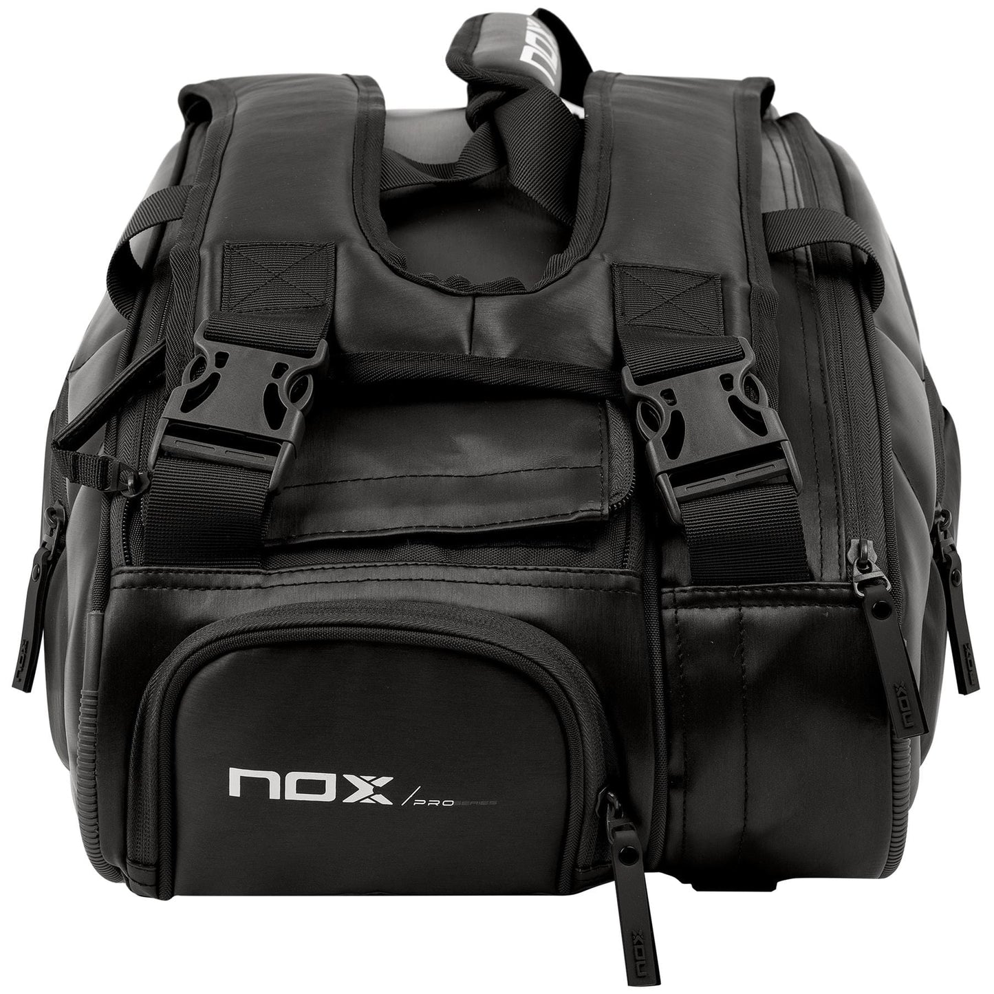 The NOX Pro Series Padel Racket Bag - Black features padded straps, an ergonomic handle, multiple zippers, side pockets, and the iconic NOX logo on the front pocket. It’s sturdy and ideal for carrying sports or travel gear.