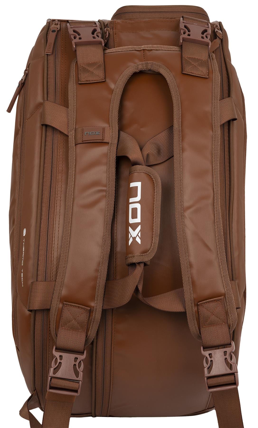 The NOX Pro Series Padel Racket Bag - Camel features padded shoulder straps, a top handle, multiple zippered compartments with ThermoTech technology, and a 45L capacity for all your gear. Shown from the back.