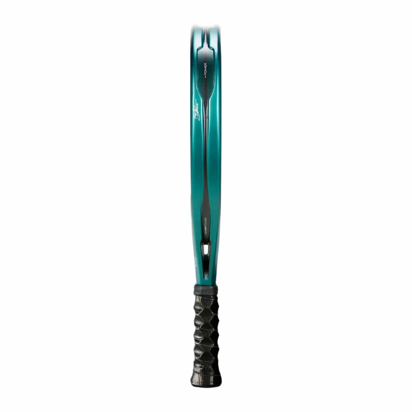 A white and green Bullpadel Hack 04 2025 padel racket is displayed from a side view, emphasizing the thickness and intricate details of the frame. The black textured handle contrasts with the smooth, reflective surface of this powerful and dynamic padel racket.