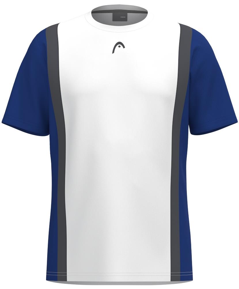 The HEAD Club Tech 25 Men's Padel T-Shirt features short sleeves, a royal blue back, dark blue sleeves, and a white front panel with dark gray stripes. Made from Moisture Transfer Microfiber for optimal breathability and performance.