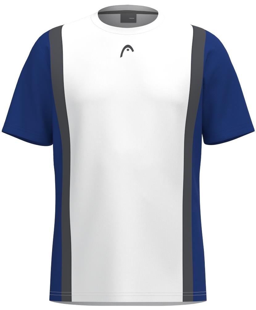 The HEAD Club Tech 25 Men's Padel T-Shirt features short sleeves, a royal blue back, dark blue sleeves, and a white front panel with dark gray stripes. Made from Moisture Transfer Microfiber for optimal breathability and performance.