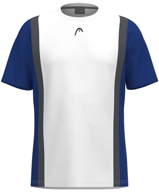 The HEAD Club Tech 25 Men's Padel T-Shirt features short sleeves, a royal blue back, dark blue sleeves, and a white front panel with dark gray stripes. Made from Moisture Transfer Microfiber for optimal breathability and performance.