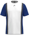 The HEAD Club Tech 25 Men's Padel T-Shirt features short sleeves, a royal blue back, dark blue sleeves, and a white front panel with dark gray stripes. Made from Moisture Transfer Microfiber for optimal breathability and performance.