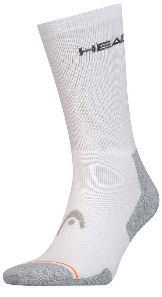 Introducing HEAD Crew Athletes Padel Socks in white with gray accents: these socks offer comfort and superb shock absorption. Featuring a ribbed texture with "HEAD" branding, they are perfect for your active lifestyle.