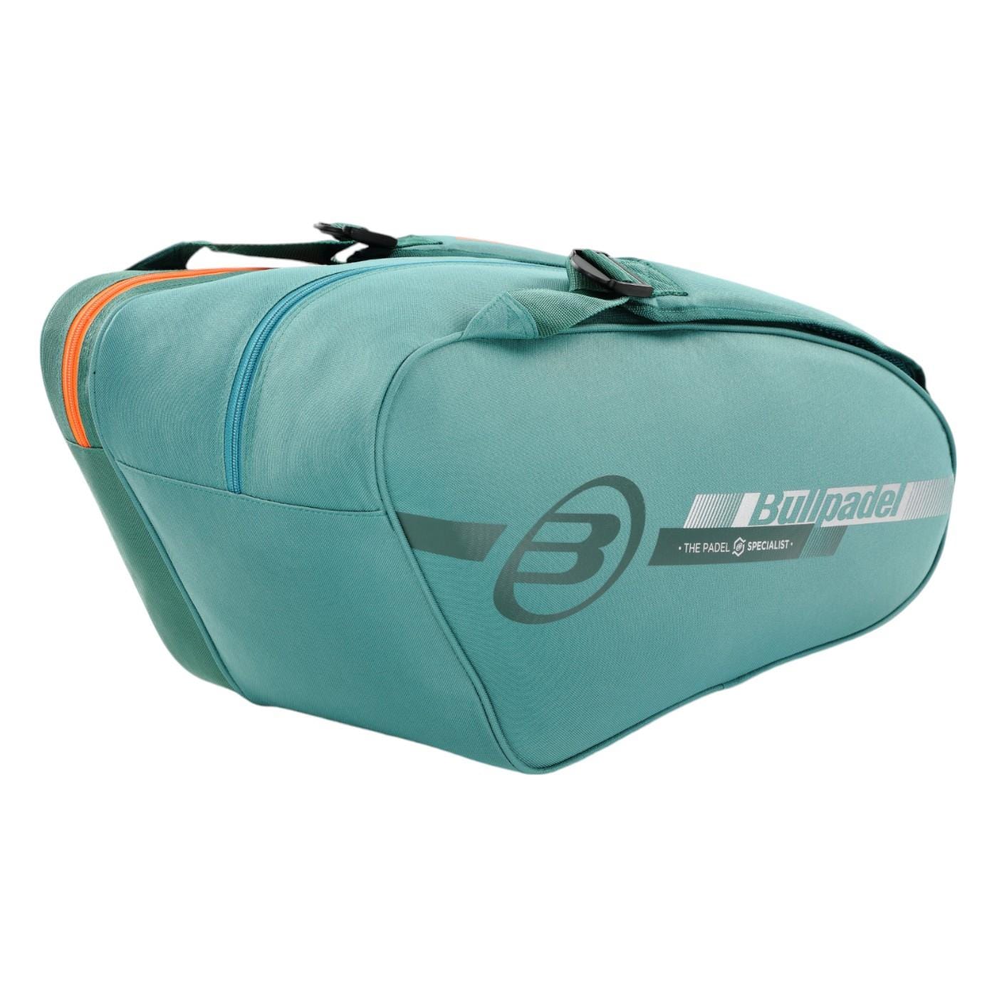 The Bullpadel Tour 25 Padel Racket Bag in teal boasts a sleek design with two large compartments featuring orange and teal zippers. Lightweight and spacious, it has a black handle and displays the "B" logo and "Bullpadel" branding on the side, along with "The Padel Specialist.