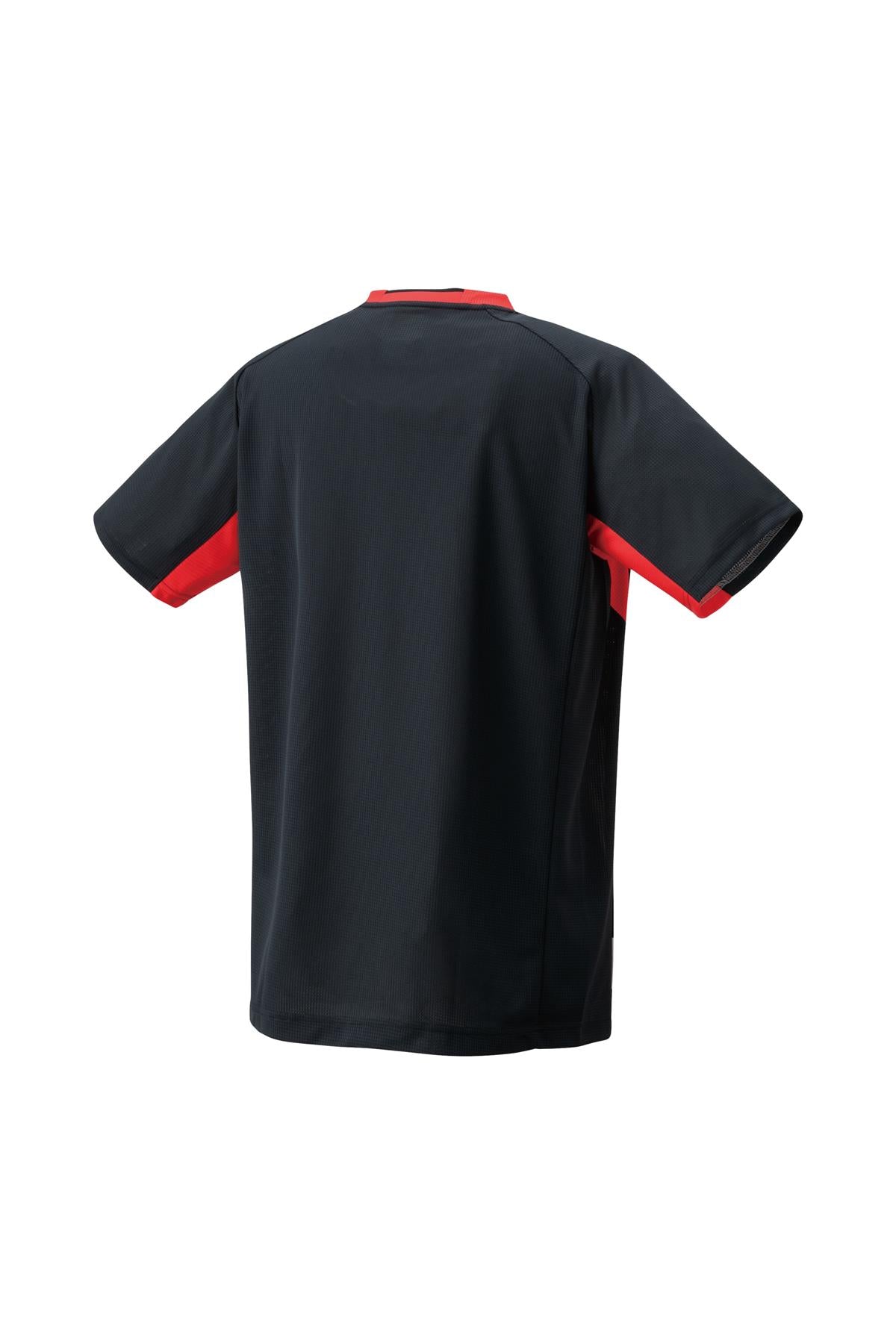 The Yonex 10576 Crew Neck Men's Padel T-Shirt showcases Air Release technology in a black athletic design, accentuated by red details along the sides and collar. Presented from the back against a white background, this short-sleeve shirt offers maximum comfort with its straightforward yet impactful style.