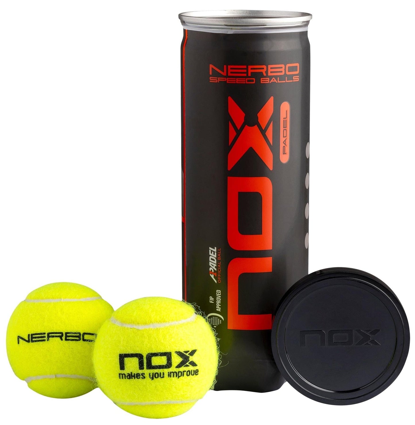 A black tube labeled "NOX Nerbo Padel Balls - 3 Ball Tube" by NOX with a red logo, two bright yellow padel balls known for lively bounce and great court performance, and a black lid placed beside the tube.