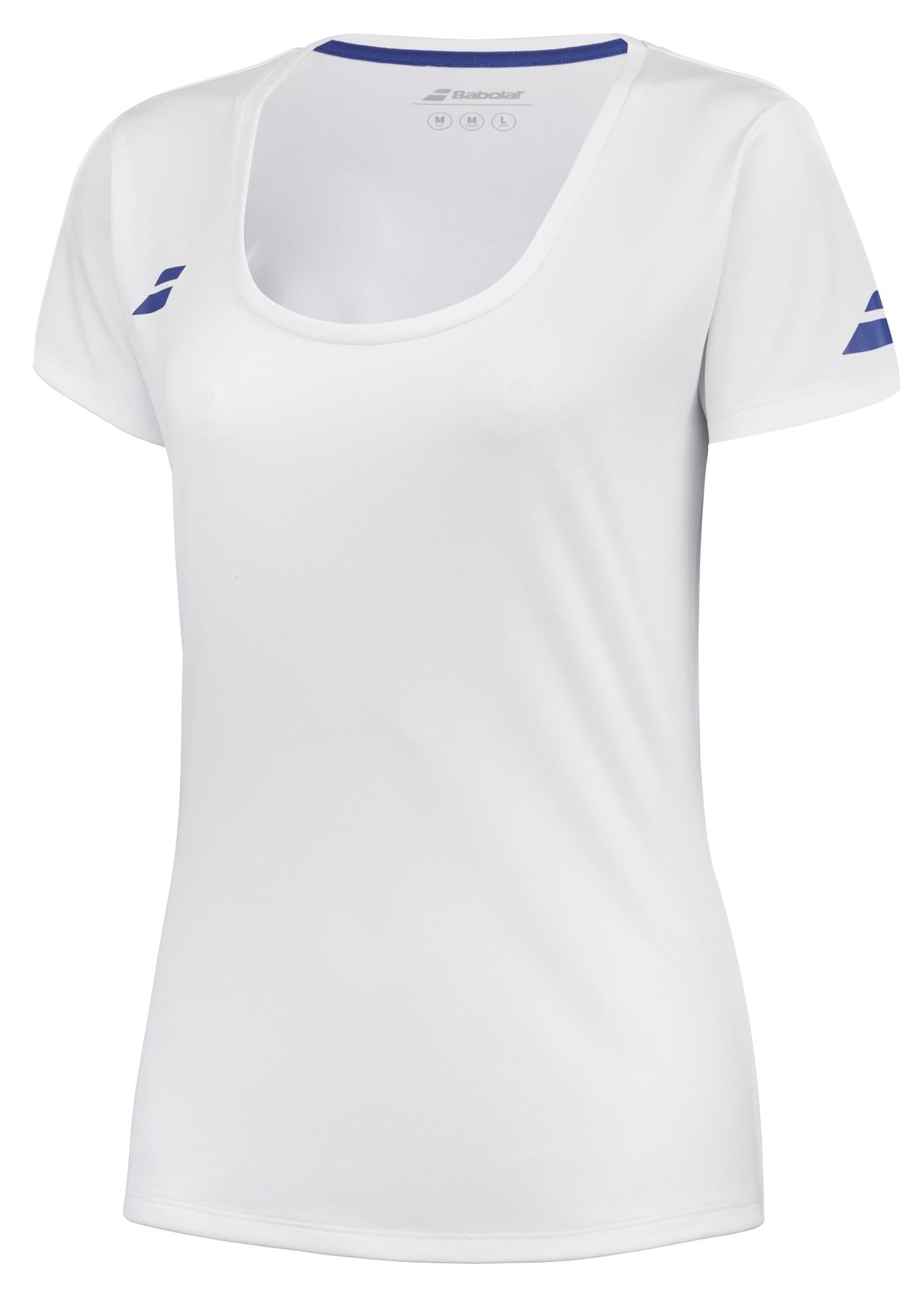 A Babolat Play Women's Padel Cap Sleeve Top in white, featuring blue accents on the shoulders and collar and equipped with Babolat Play technology for enhanced performance.