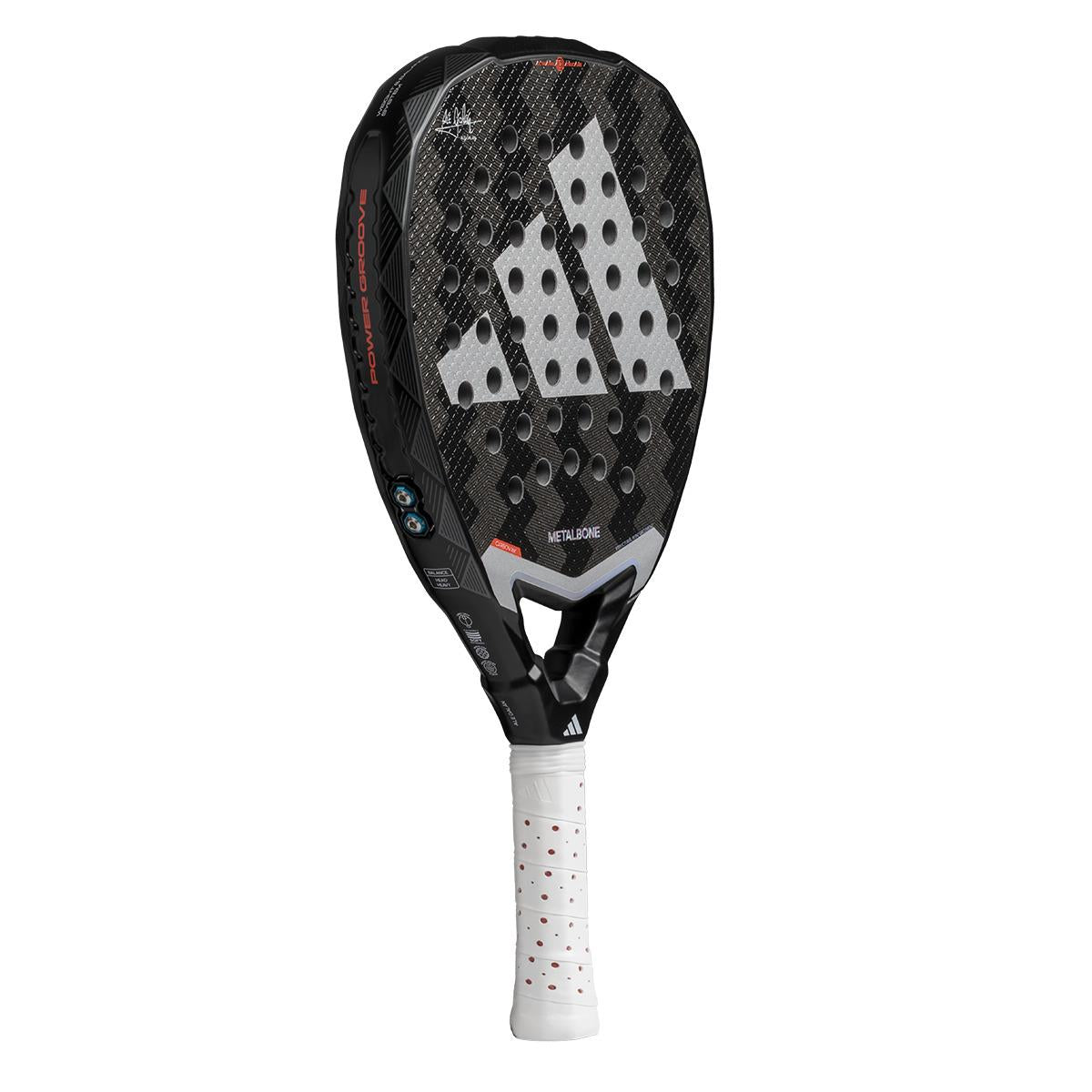 The ADIDAS Metalbone 3.4 Padel Racket in Black/White by adidas is designed for advanced players, featuring a perforated surface, comfortable white grip handle, and the iconic three diagonal stripes that reflect the brand's distinctive style.