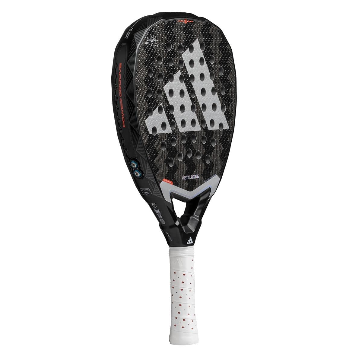 The ADIDAS Metalbone 3.4 Padel Racket in Black/White by adidas is designed for advanced players, featuring a perforated surface, comfortable white grip handle, and the iconic three diagonal stripes that reflect the brand's distinctive style.
