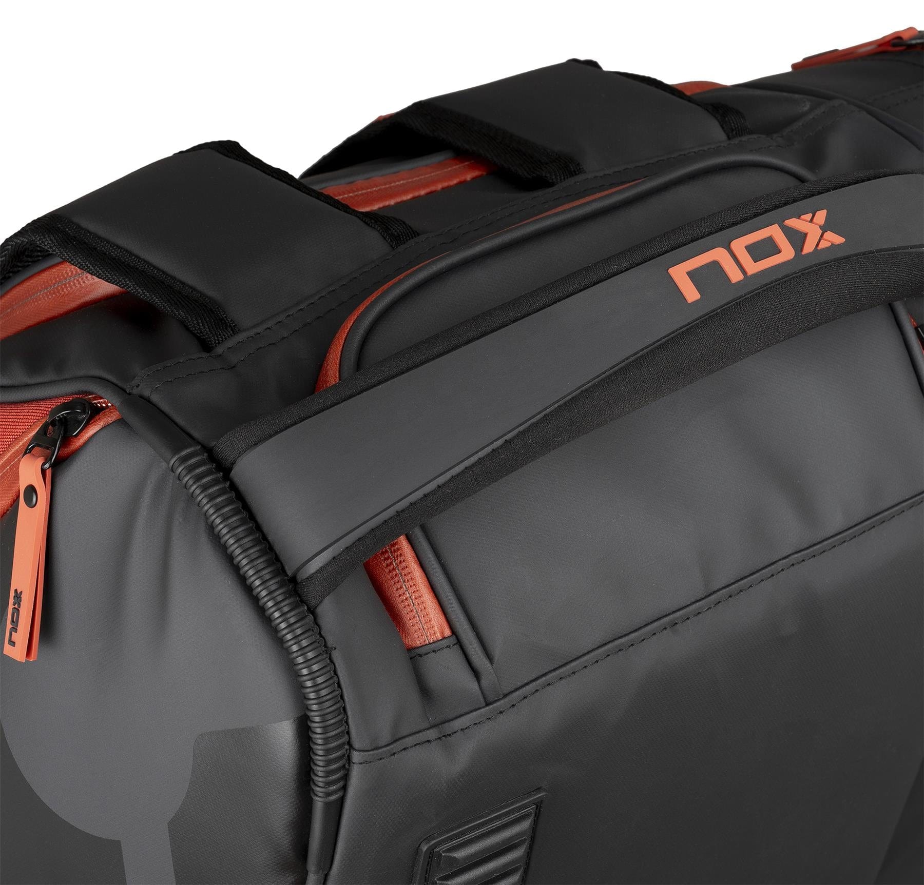 Close-up of the NOX Luxury Open Series Padel Racket Bag in black and red, featuring the NOX logo, sturdy handles, an orange zipper pull tab, reinforced stitching, padded areas, and advanced ThermoTech technology for durability.