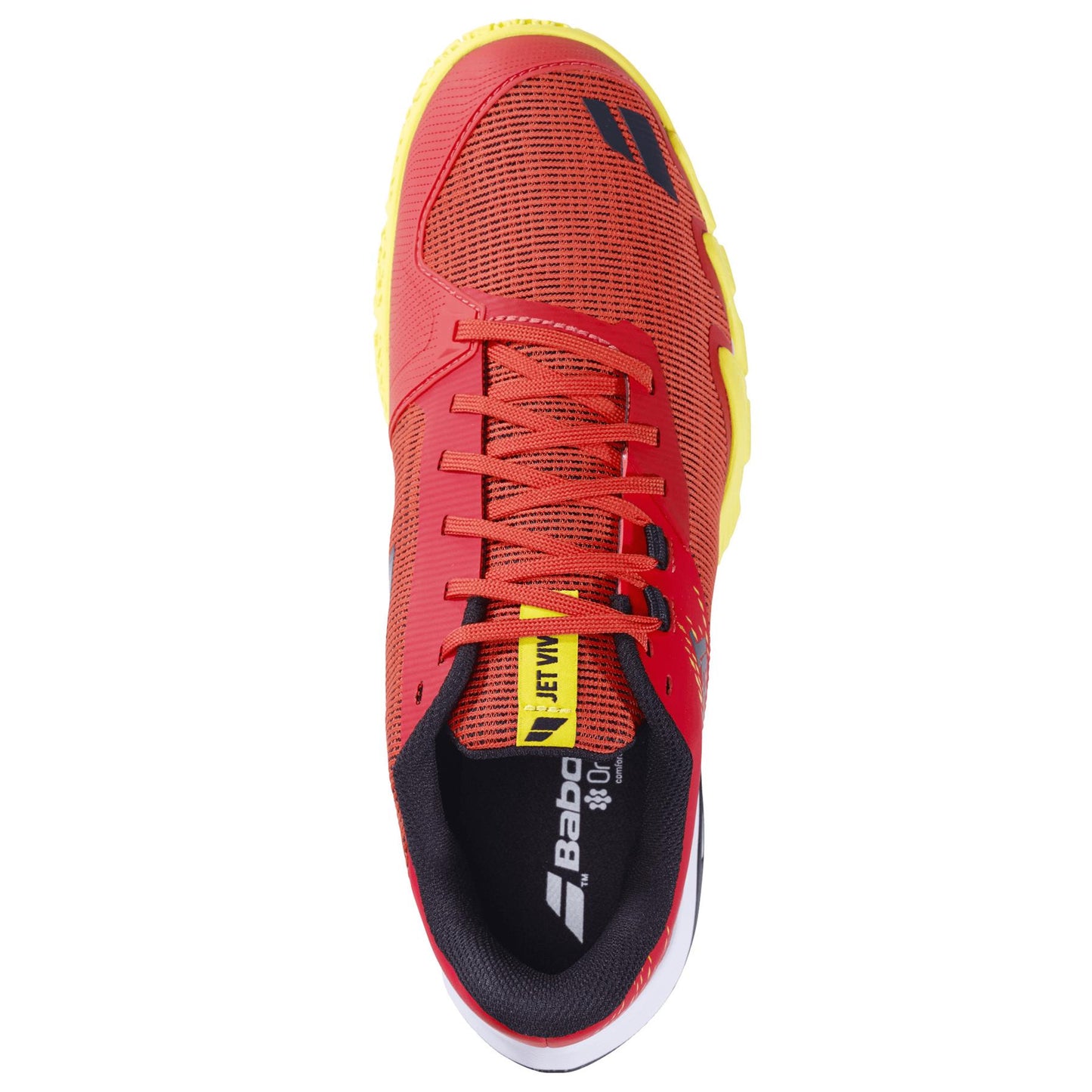 The Babolat Jet Viva Men's Padel Shoes in Poppy Red are crafted for dynamic performance with a mesh design, yellow accents, and a black logo on the tongue. Bright yellow text adorns the insoles, while a sleek white sole trim completes style and agility for padel enthusiasts.