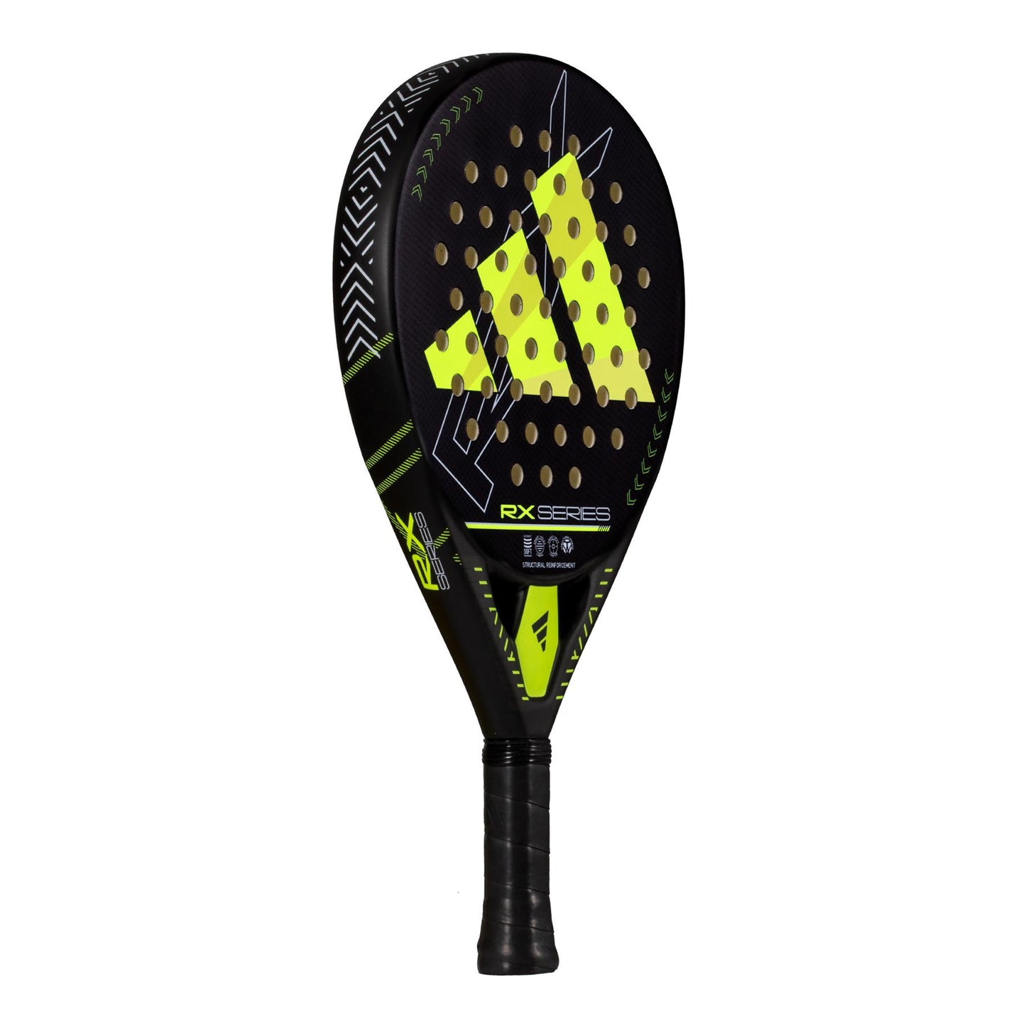 The ADIDAS RX Series Lime 3.4 Padel Racket in black and lime features a perforated face and geometric patterns ideal for intermediate players. It has a textured grip handle with prominent adidas branding near the center and edges.