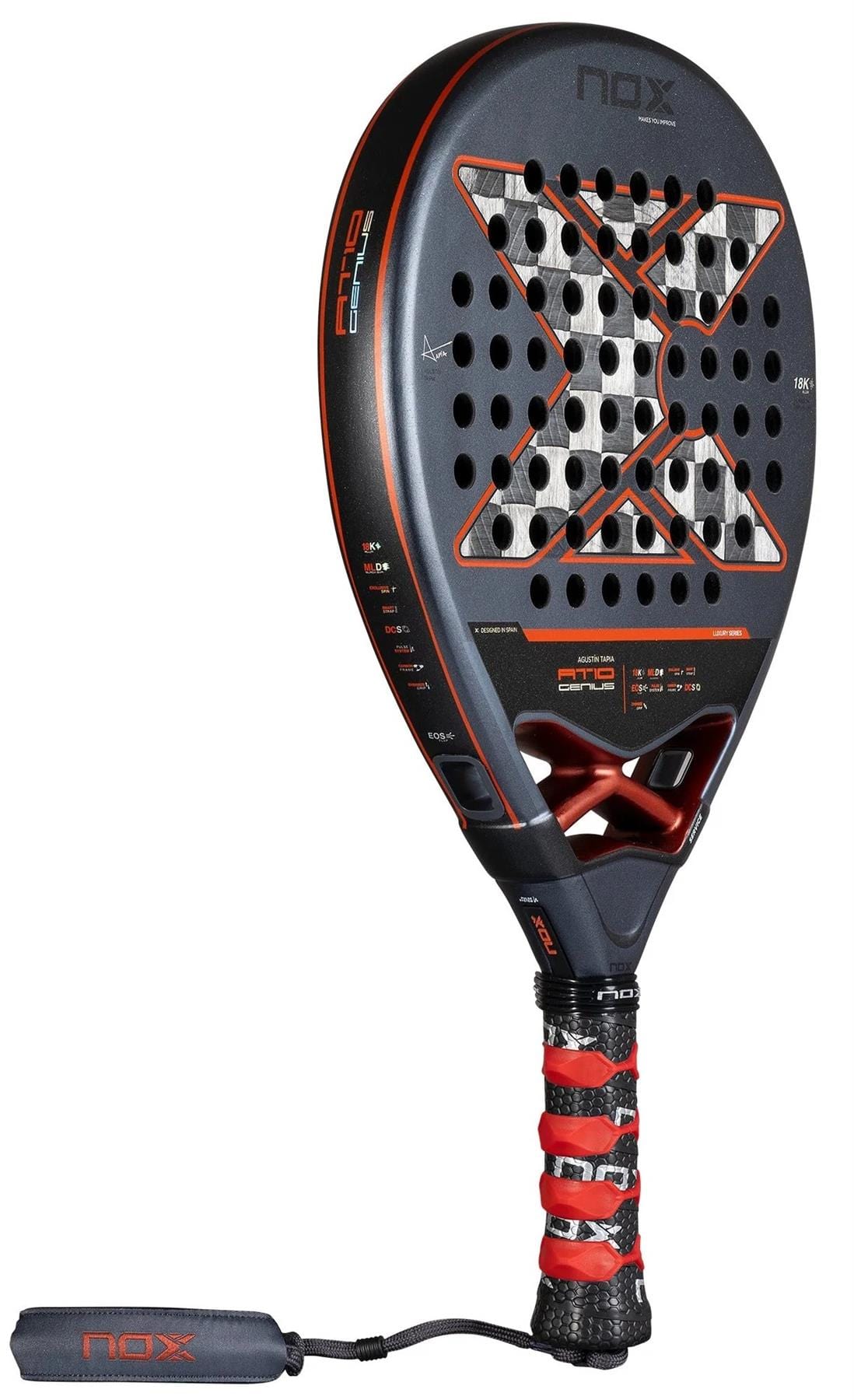 The NOX AT10 Luxury Genius 18K Alum By Agustin Tapia 2025 padel racket features a black and red design, an 18K Alum perforated textured face, wrapped grip, and a short black cord wrist strap attached to the handle.