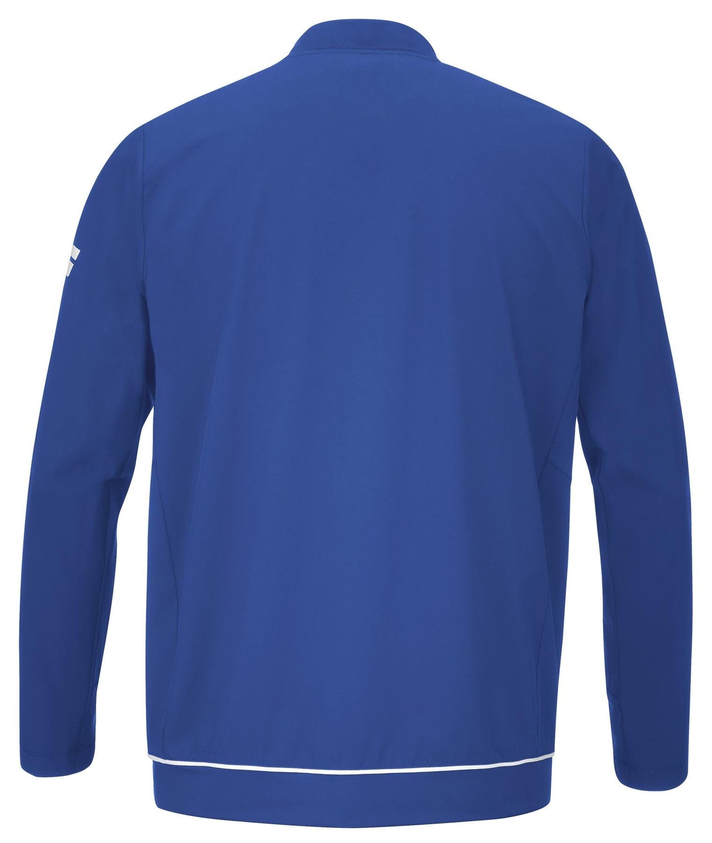 The Babolat Play Men's Padel Jacket in Sodalite Blue displays its elegant design from the back, showcasing long sleeves and a collar. Made from recycled polyester for an eco-friendly choice, the jacket features a subtle logo on the upper arm and is accented with a thin white stripe near the hem for added style.
