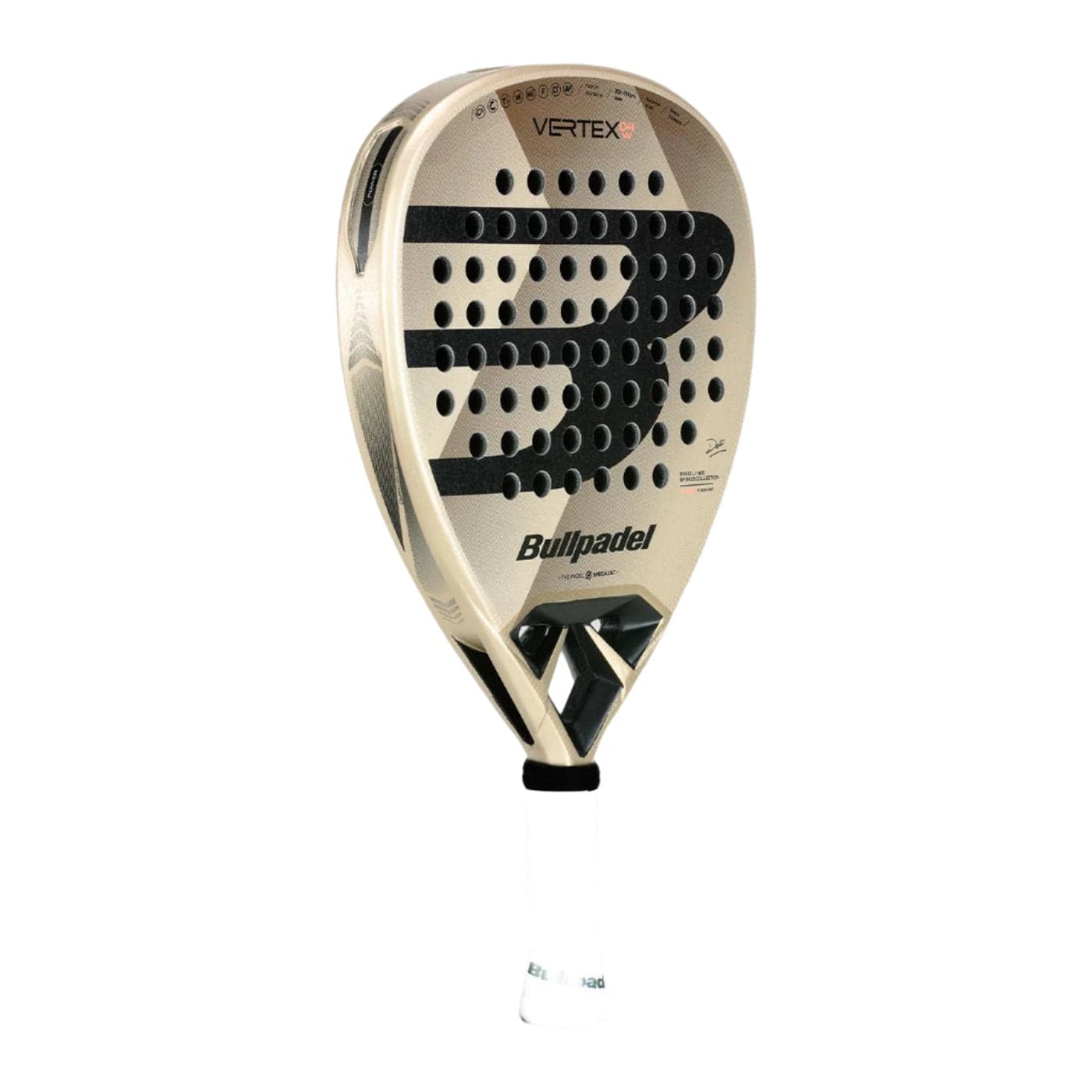 The Bullpadel Vertex 04 W 2025 Padel Racket, available in a striking Champagne and Black color scheme, is perfect for advanced players. It showcases a teardrop shape with strategically positioned holes for enhanced aerodynamics and prominently features the Bullpadel logo.