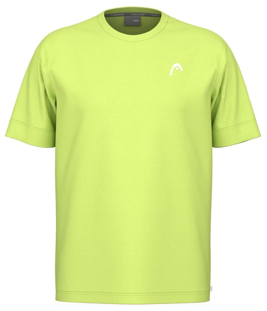 The HEAD Slice II Men's Padel T-Shirt - LL in lime green features short sleeves, a round neckline, and a small white logo on the left chest. Crafted from 100% polyester interlock with Moisture Transfer Microfiber technology, it offers enhanced comfort and style.