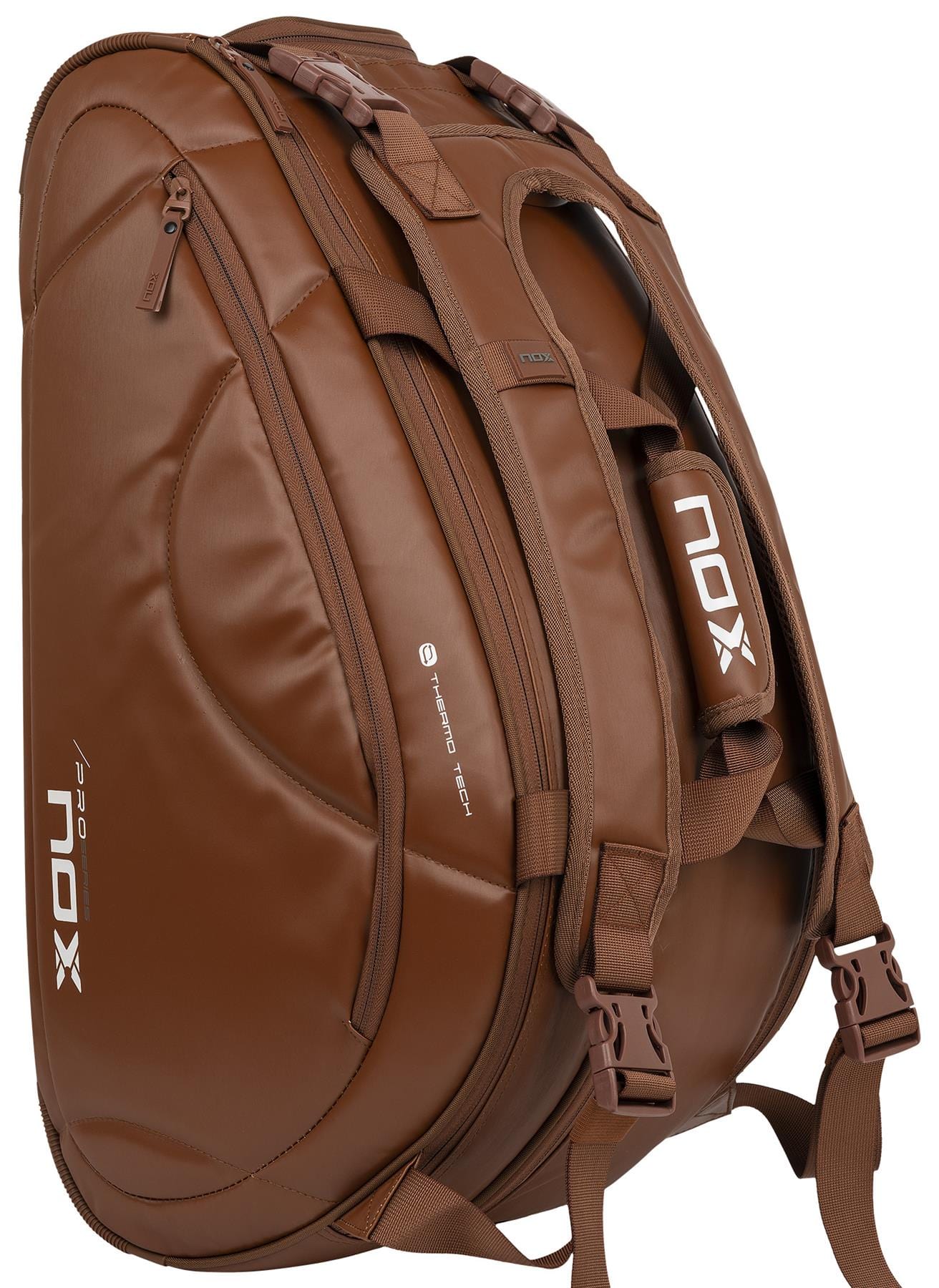 The NOX Pro Series Padel Racket Bag - Camel features a spacious 45L hard shell, multiple zippers, padded shoulder straps, and prominent "NOX PRO" branding. Durable and stylish, it's ideal for sports or travel.