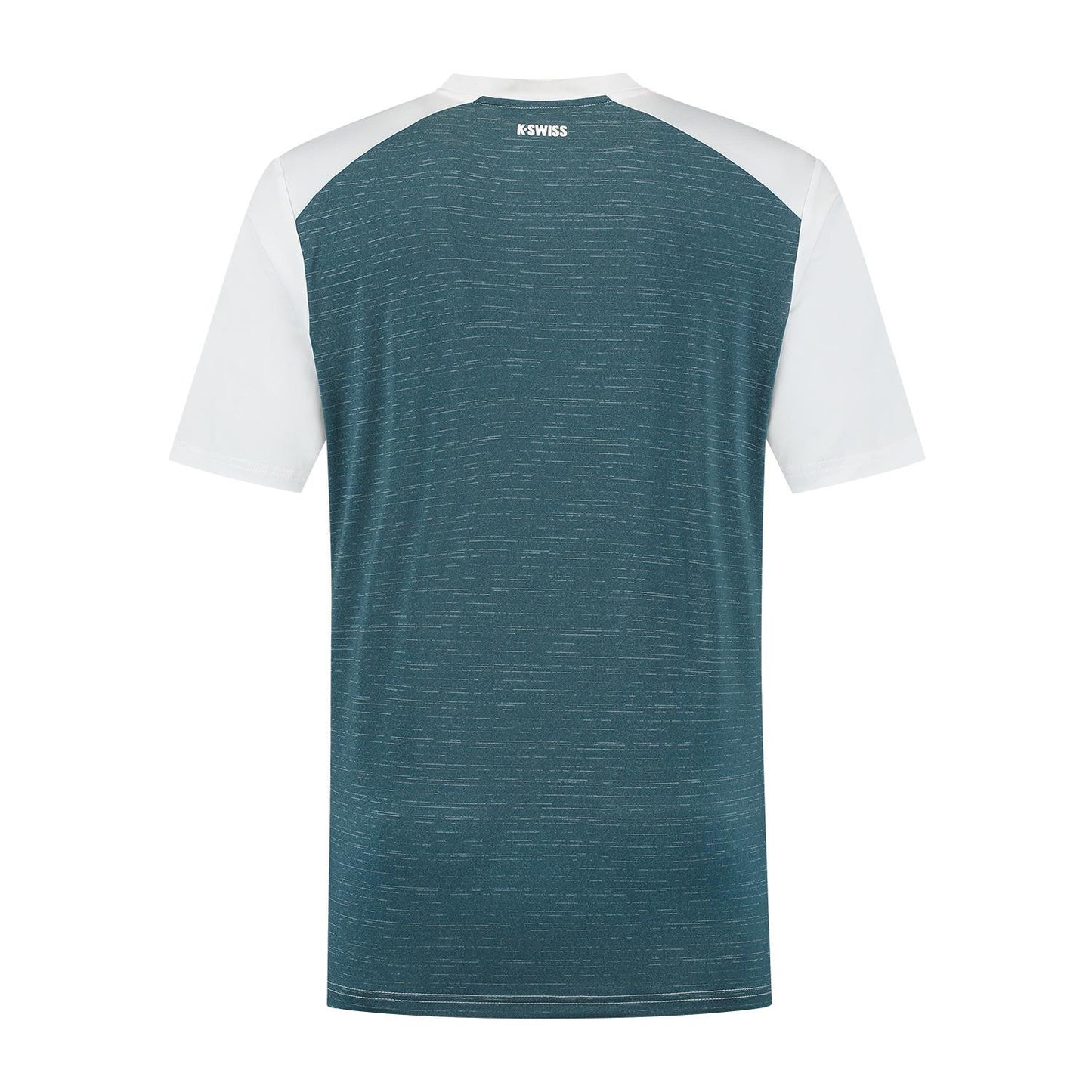 The back view of the K-Swiss Hypercourt Mix Melange Mens Padel T-Shirt exhibits a design ideal for discerning padel players, featuring a teal body with subtle horizontal stripes, white sleeves, and a white collar. It is made from breathable materials for optimal comfort on the court.