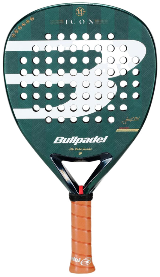 The Bullpadel Icon 2026 Padel Racket - Green, inspired by Juan Martín Díaz, features a large white "B" logo, round face holes, and an orange grip handle.