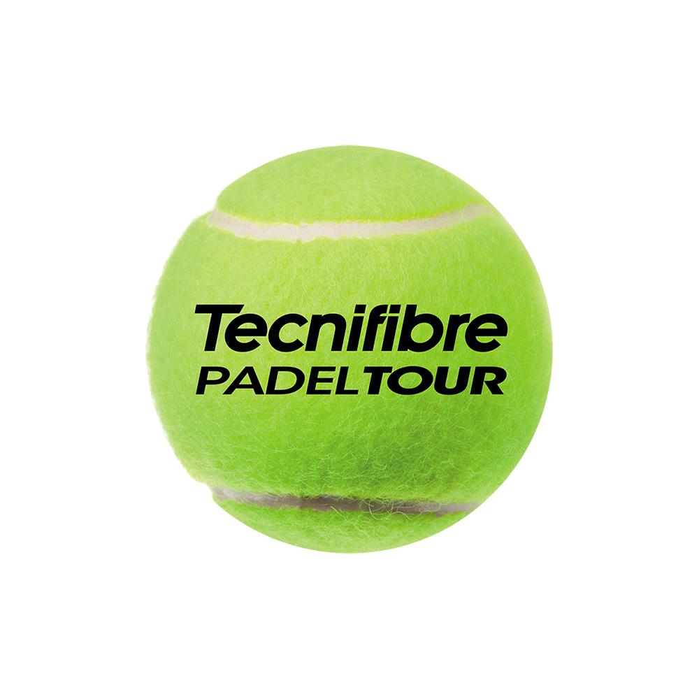 A vivid green padel ball from the Tecnifibre Padel Tour set, elegantly branded in bold black with "Tecnifibre PADELTOUR," is designed for seamless play during the Padel Tour.