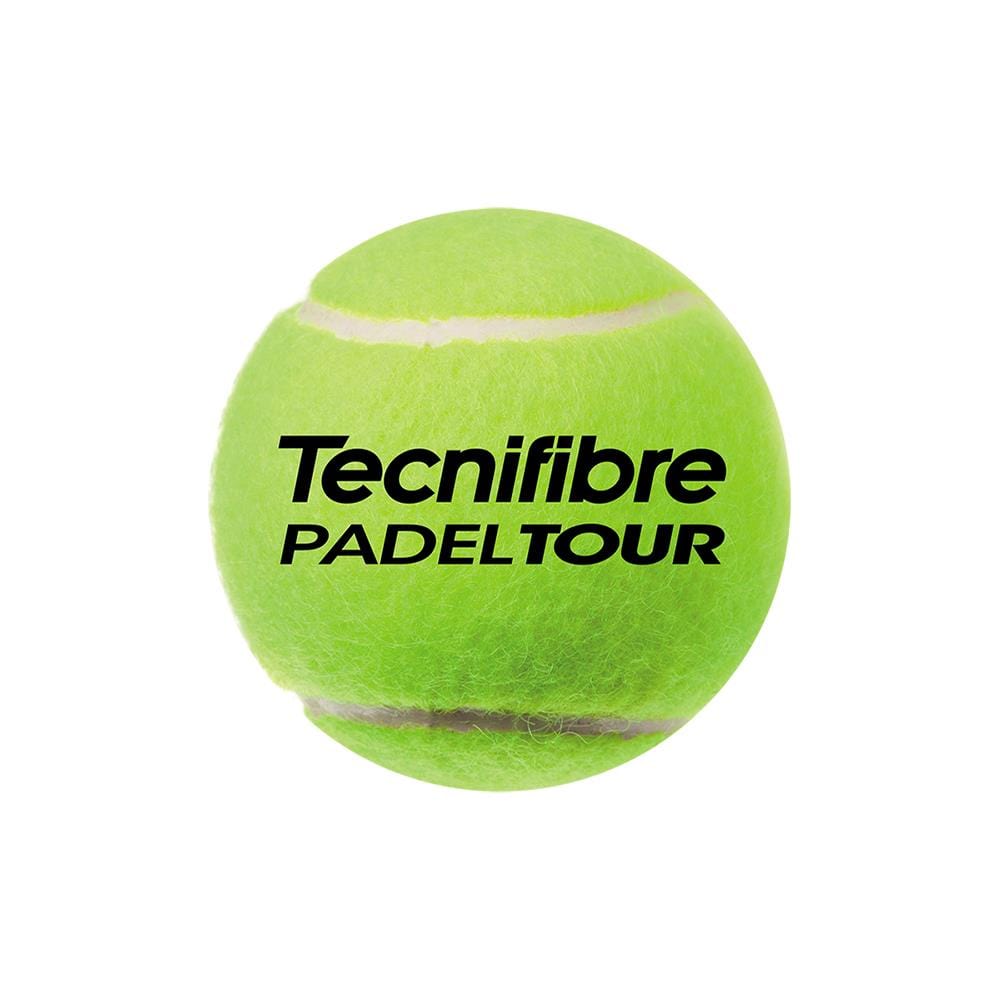A vivid green padel ball from the Tecnifibre Padel Tour set, elegantly branded in bold black with "Tecnifibre PADELTOUR," is designed for seamless play during the Padel Tour.