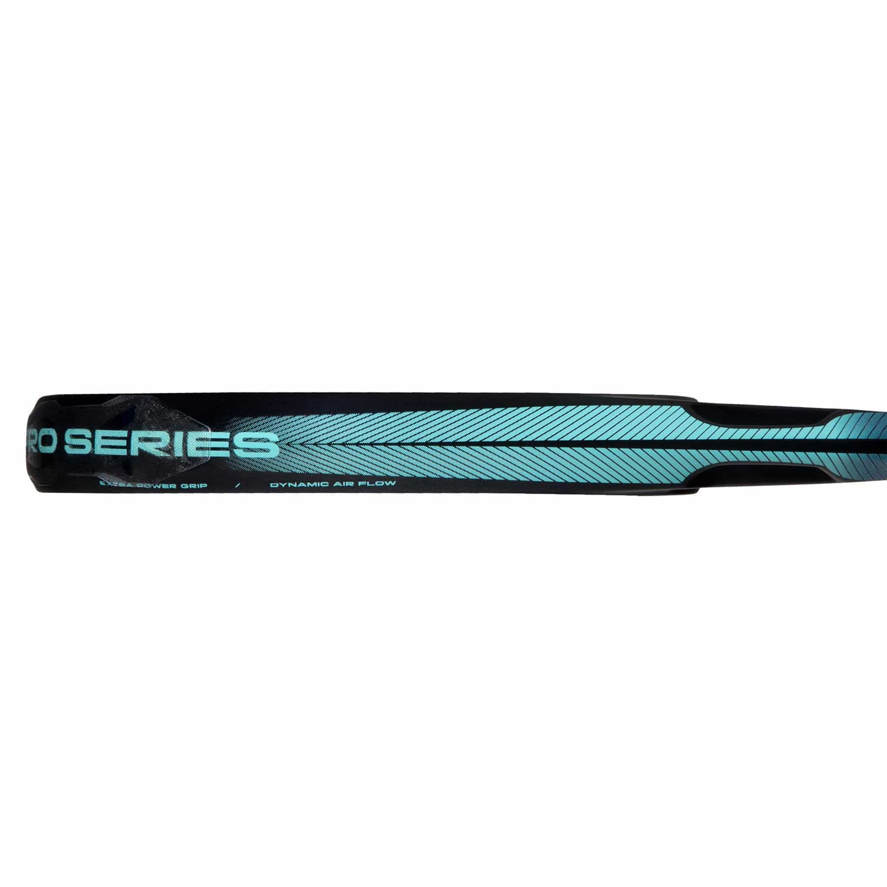 Close-up of a black padel racket with "ADIDAS" branding, featuring dynamic lines for a sleek look. The design is enhanced by advanced technology for lightweight control.