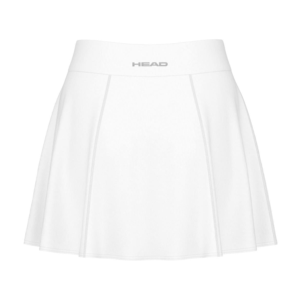 Introducing the HEAD Performance Women's Padel Skort in White: This stylish skort showcases a high waistband and displays the iconic "HEAD" logo at its center. Designed with integrated inner shorts and subtle vertical seams in a pleated style, it is enhanced by Moisture Transfer Microfiber technology for a sporty yet chic appearance.