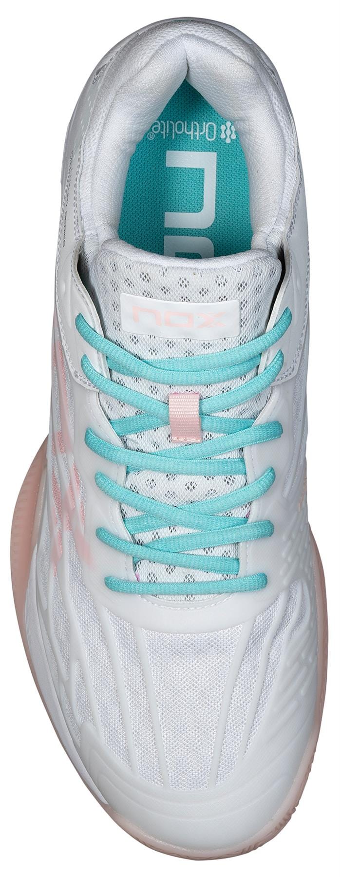 Top view of the NOX AT10 Lux Womens Padel Shoes in White / Potpurri, with light blue laces, white tongue, teal Ortholite insole, and a sleek textured design featuring subtle pink accents.