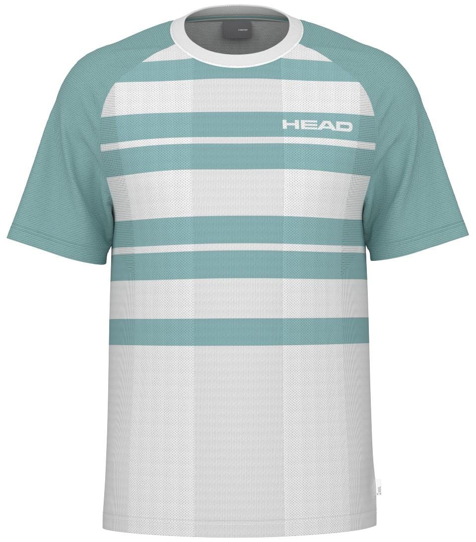 The HEAD Performance Mens Padel T-Shirt - XPAQ boasts a green and white design with chest and sleeve stripes, crafted from moisture-transfer microfiber. It is enhanced by the HEAD logo on the upper right for an athletic look.
