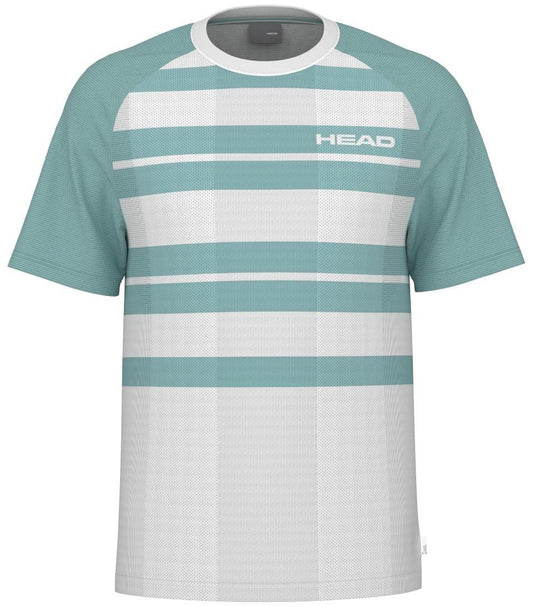 The HEAD Performance Mens Padel T-Shirt - XPAQ boasts a green and white design with chest and sleeve stripes, crafted from moisture-transfer microfiber. It is enhanced by the HEAD logo on the upper right for an athletic look.