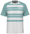 The HEAD Performance Mens Padel T-Shirt - XPAQ boasts a green and white design with chest and sleeve stripes, crafted from moisture-transfer microfiber. It is enhanced by the HEAD logo on the upper right for an athletic look.