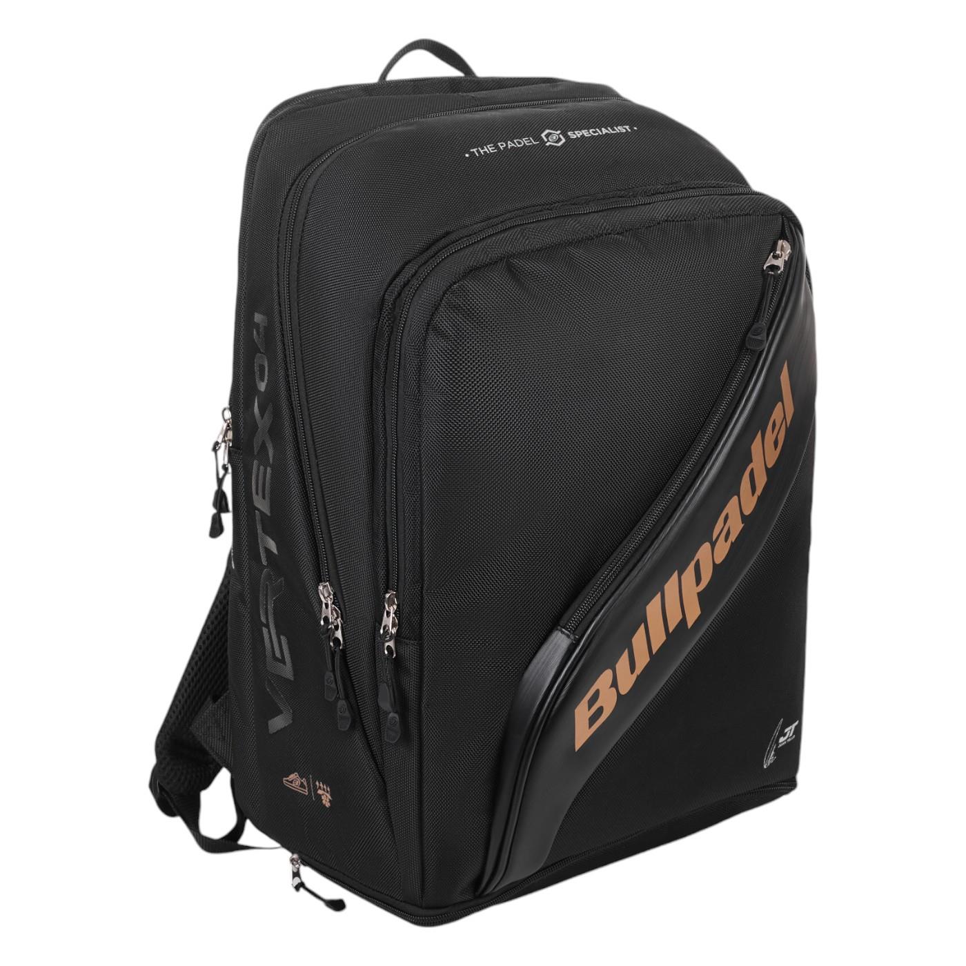 The Bullpadel Vertex 25 Padel Backpack in black features gold lettering, multiple zippered compartments, and padded shoulder straps. This backpack highlights the Bullpadel brand and model, making it a must-have for dedicated players.