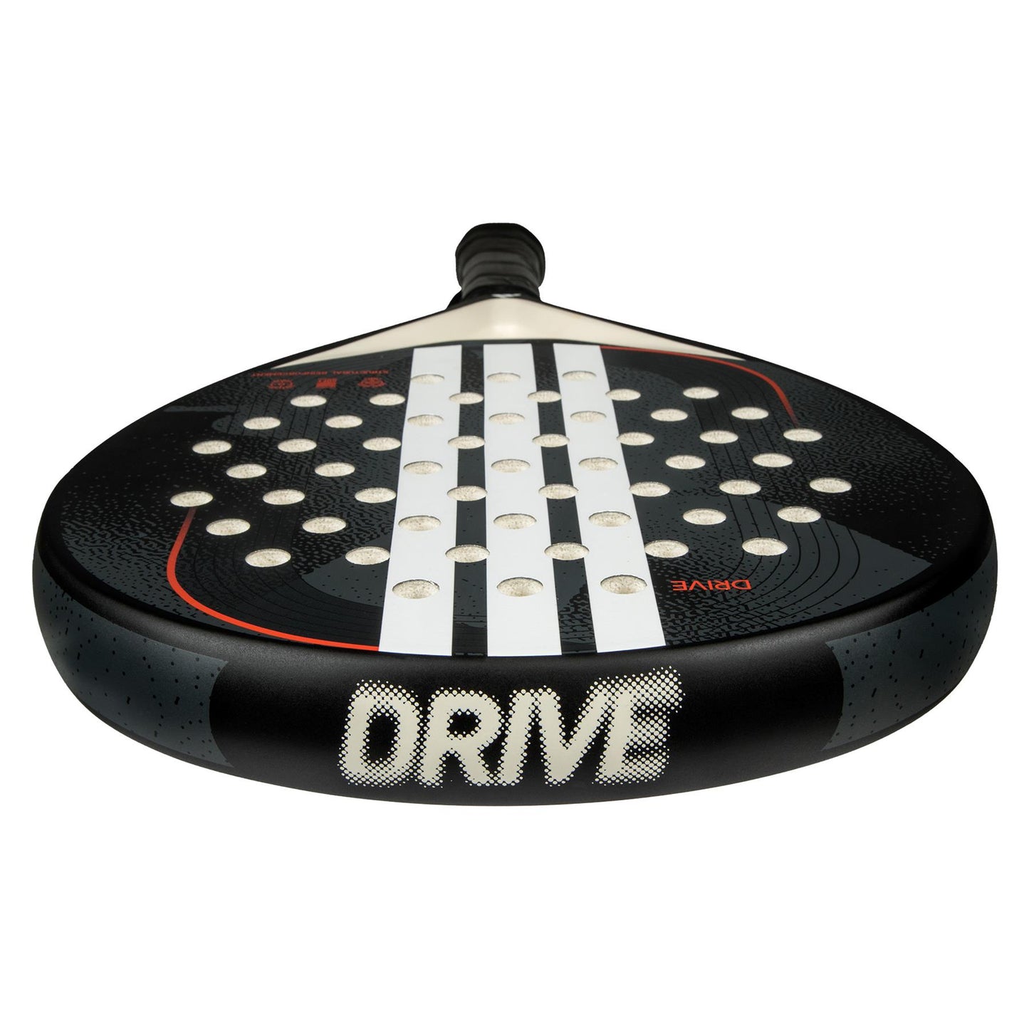 The adidas Drive Black 3.4 Padel Racket is designed for beginners, featuring a black and white look with circular holes, bold white "DRIVE" lettering near the bottom, fibreglass construction, and red-white accents on its dark surface.