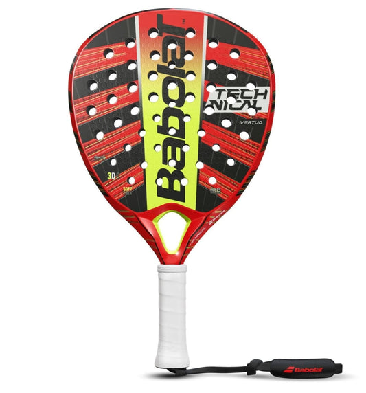 The Babolat Technical Vertuo Padel Racket in red and black features bold yellow and black text, highlighted by a perforated design for effortless power. The white handle is equipped with a convenient black wrist strap, and the brand name "Babolat" is prominently displayed on the surface for extra style.