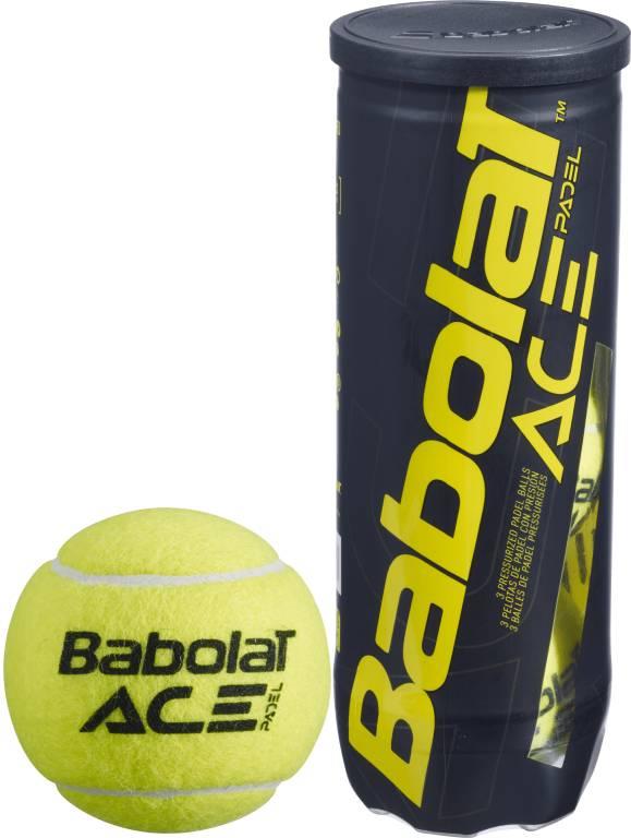A Babolat Ace Padel X3 tube containing three padel balls sits next to a loose, bright yellow ball. The container is ideal for competitive padel players and endorsed by the International Padel Federation, reflecting Babolat's trusted quality.