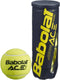 A Babolat Ace Padel X3 tube containing three padel balls sits next to a loose, bright yellow ball. The container is ideal for competitive padel players and endorsed by the International Padel Federation, reflecting Babolat's trusted quality.
