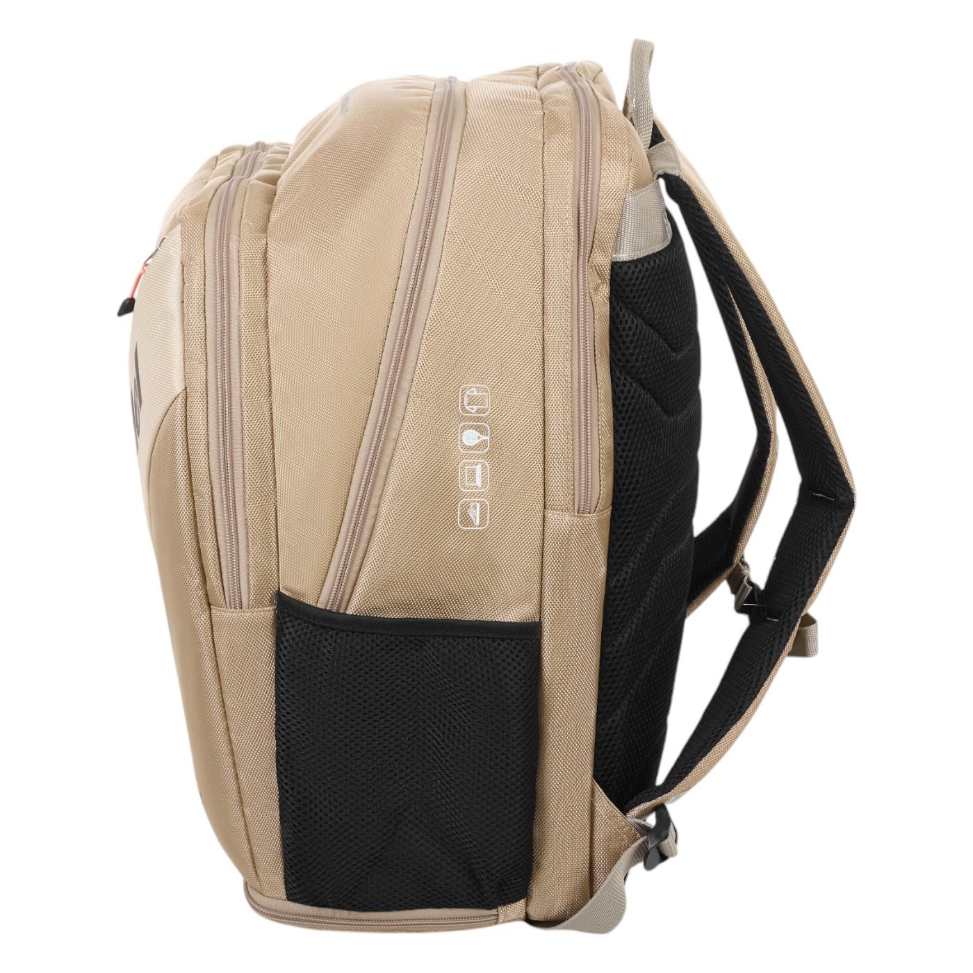 The Bullpadel Vertex 25 Padel Backpack in Stone is a technical bag featuring padded shoulder straps, two visible black mesh side pockets, and icon labels for a laptop and tablet. It includes multiple pockets and a reinforced thermo-lined compartment for added protection.