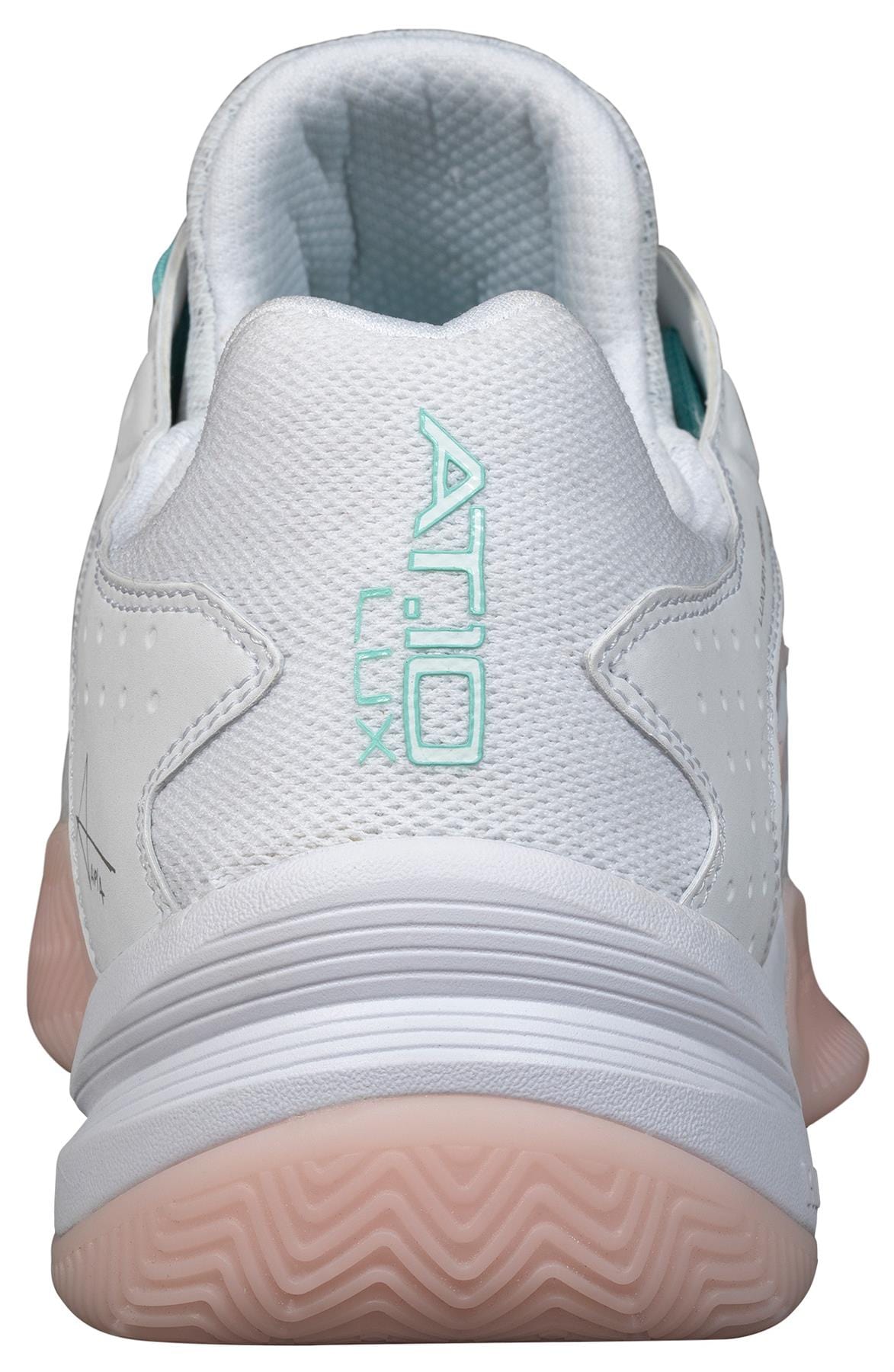 A close-up rear view of the NOX AT10 Lux Womens Padel Shoes in White/Potpurri, with “ATIOLUX” in teal on the heel, a light pink outsole, and textured upper—crafted by NOX as the Best Power Padel Shoe.